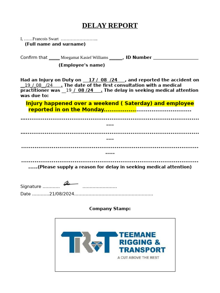 Injury Delay Report for Employee Williams | PDF