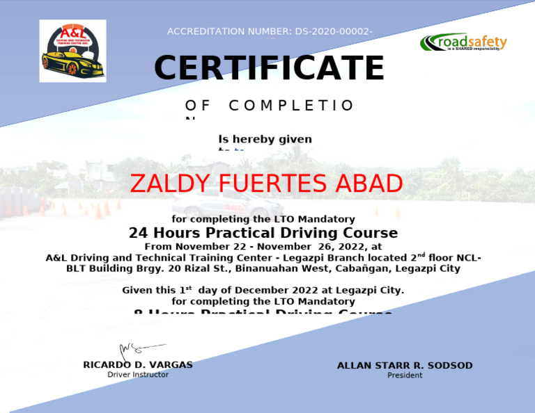 LTO 24-Hour Driving Course Certificate | PDF