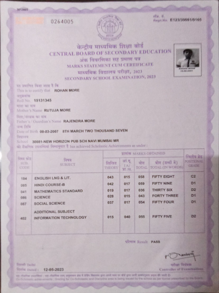 Rohan 10th Mark Sheet | PDF
