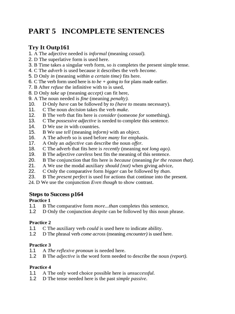 DAP AN Part 5 Incomplete Sentences | PDF | Verb | Adjective