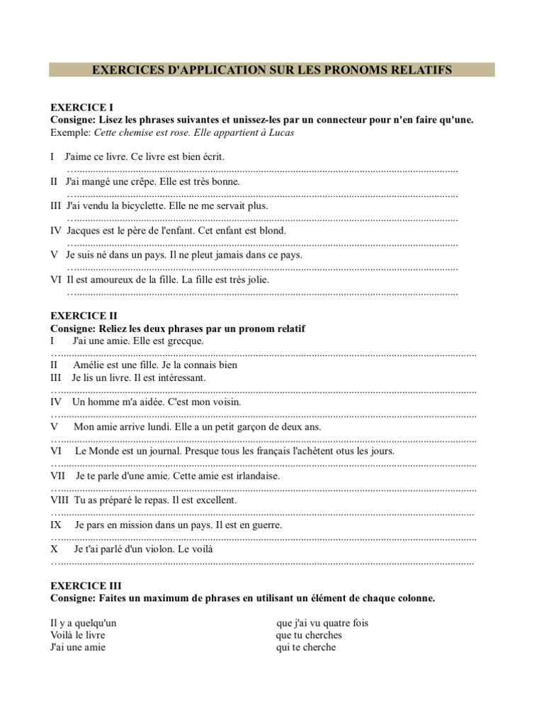 Les Pronoms Exercices Corrigés Pdf Exercices Pronoms Relatifs | PDF | Linguistique | Syntaxe