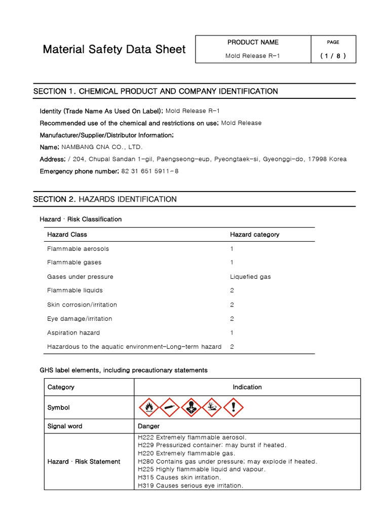 Mold Release R-1 Safety Data Sheet | PDF | Toxicity | Personal ...