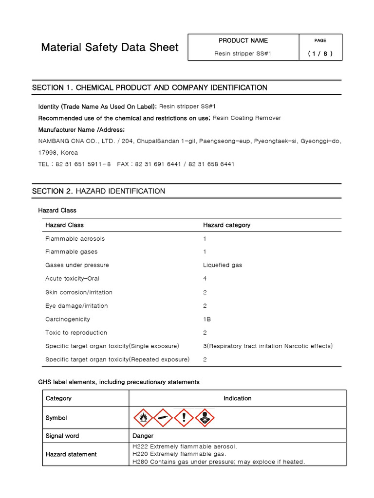 Resin Stripper SS#1 Safety Data Sheet | PDF | Toxicity | Safety