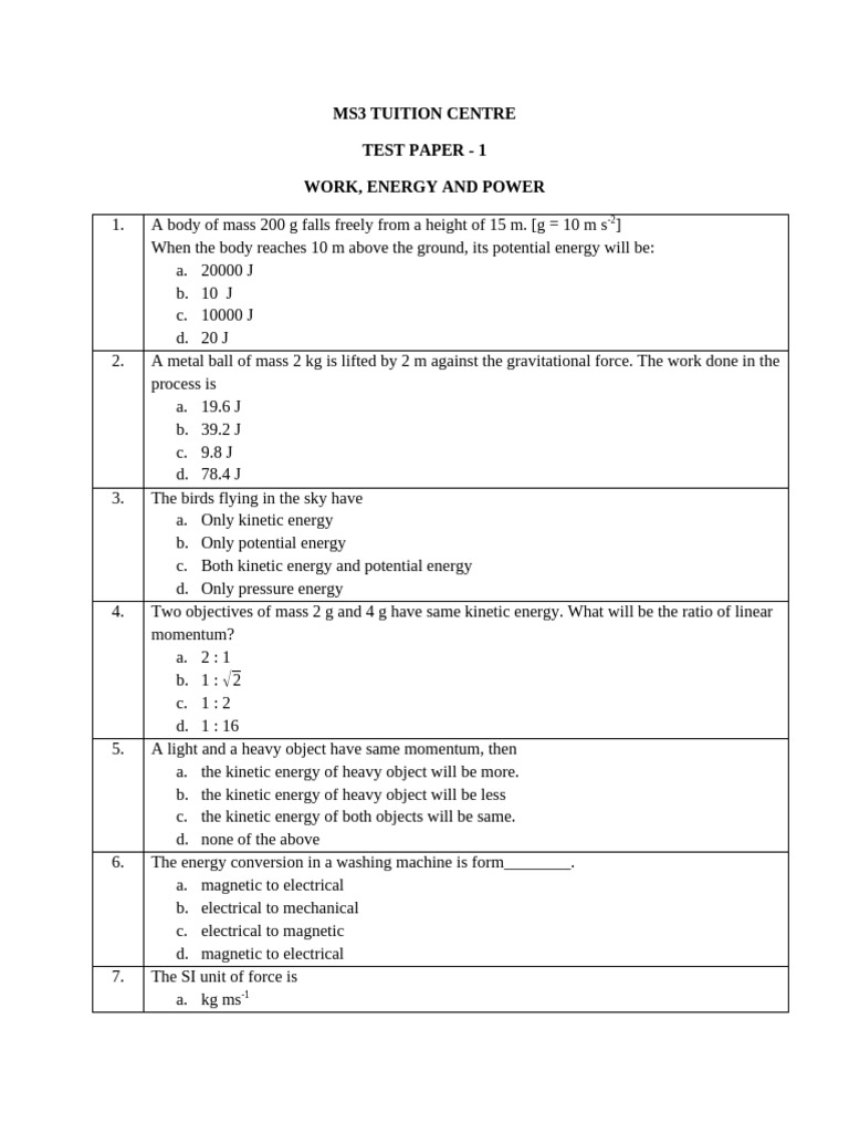 MS3 Tuition Centre Test Paper: Energy | PDF | Mass | Kinetic Energy