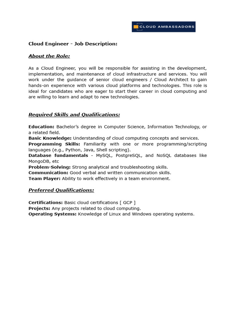 Cloud Engineer Job Description | PDF