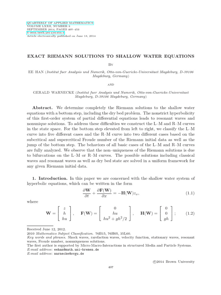 The Exact Riemann Solutions To Shallow-Water Equations | PDF ...