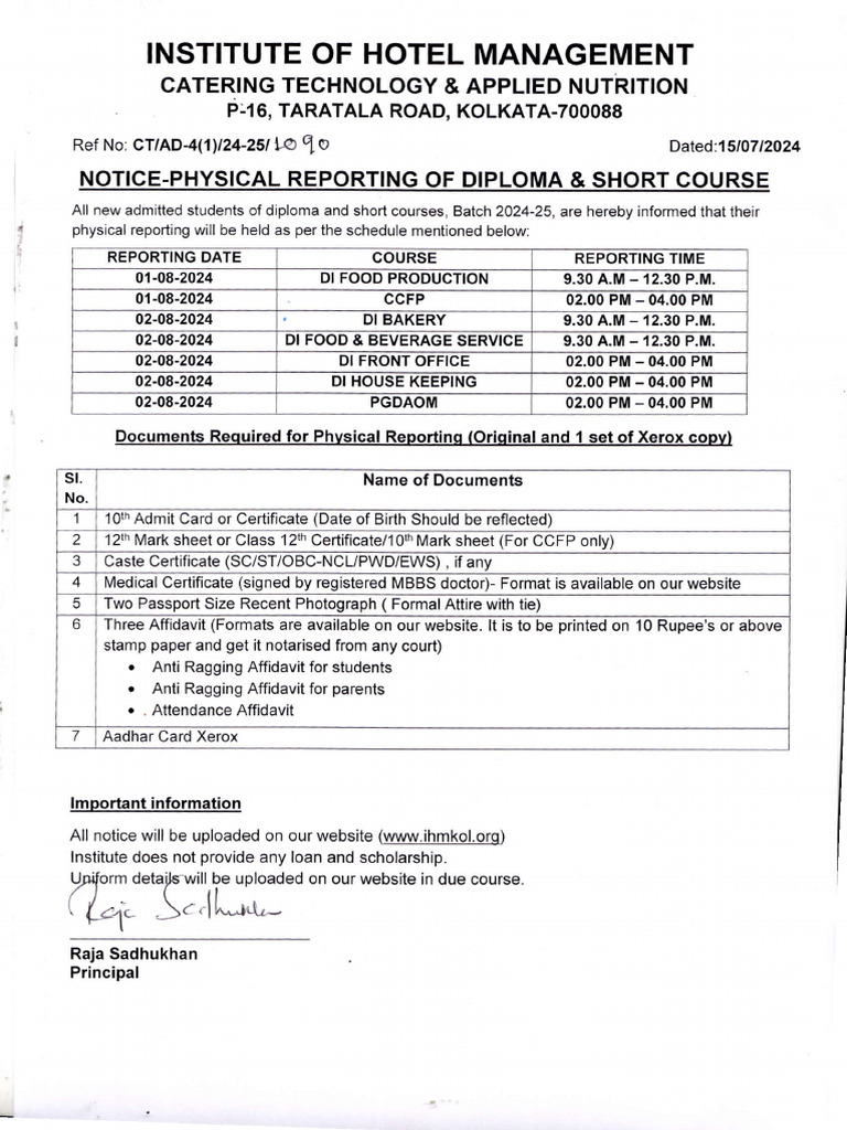 IHM Kolkata Reporting Dates 2024-25 | PDF | Government And Personhood