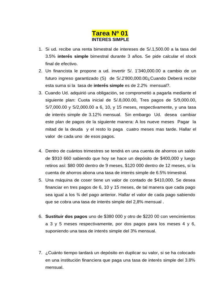Tarea Tema Interes Simple | PDF | Interés | Tasas de interés