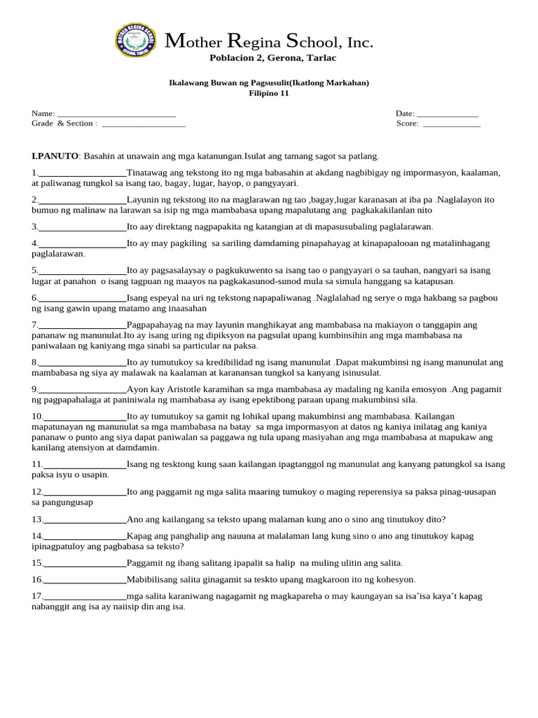 Exam - Filipino 11 - 2ND Monthly | PDF