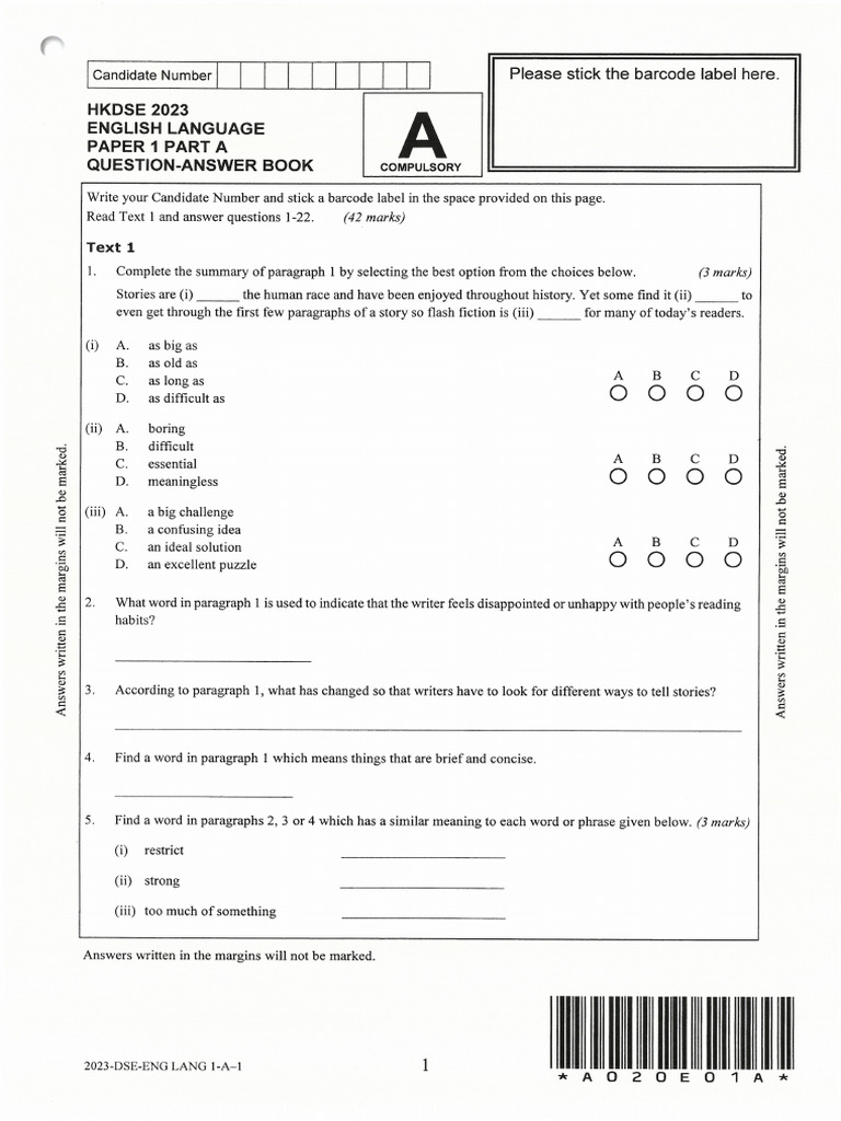 2023 Dse Eng Lang 1 QB | PDF