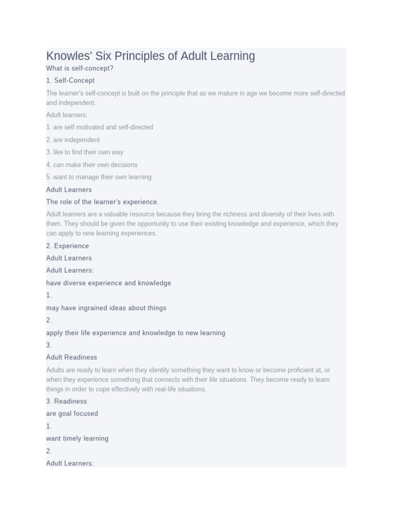 Knowles 6 Principles of Adult Learning | PDF