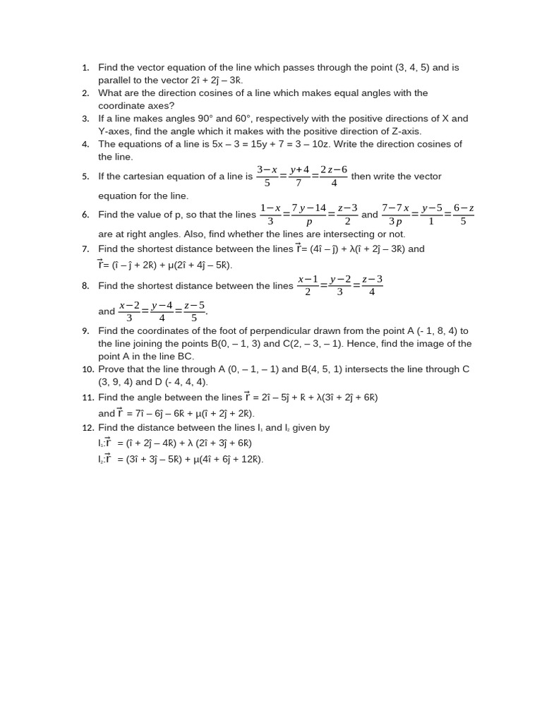 Vector and Line Equations Problems | PDF