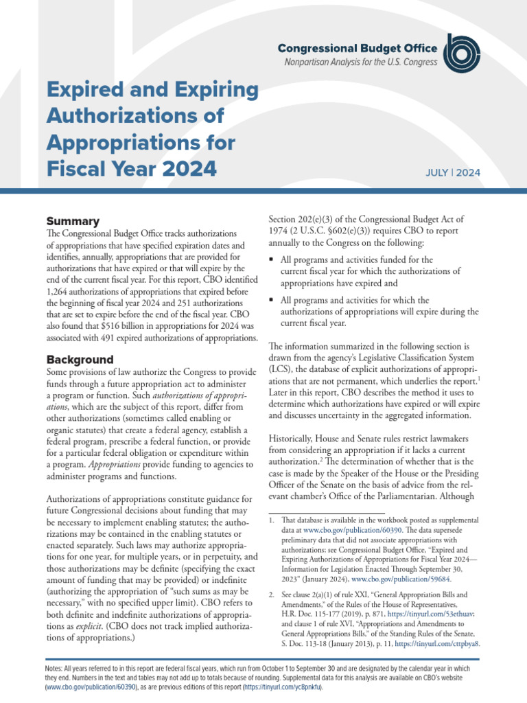 CBO Report: Expired Appropriations 2024 | PDF | Appropriations Bill ...