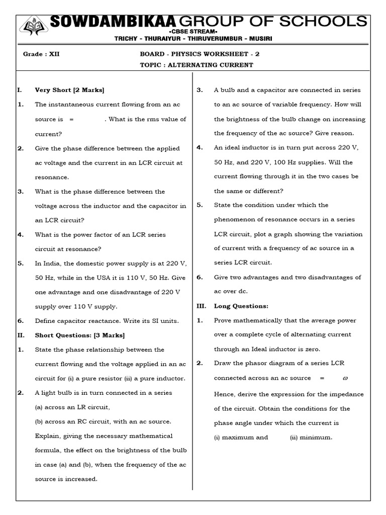Grade XII Physics: Alternating Current Worksheet | PDF | Alternating ...