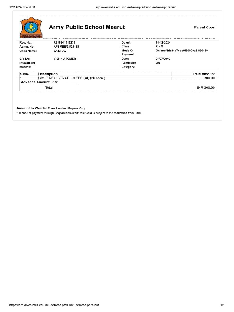 APS Meerut Fee Receipt for XI - G | PDF