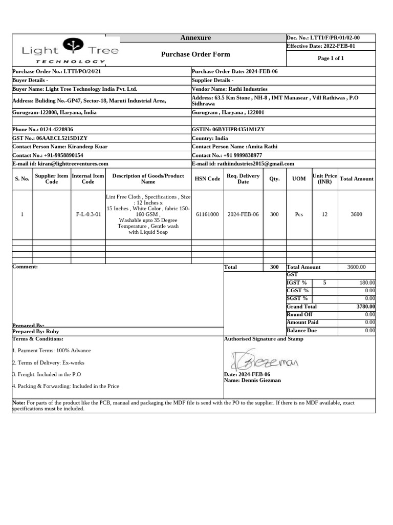 Purchase Order Form - Light Tree Tech | PDF