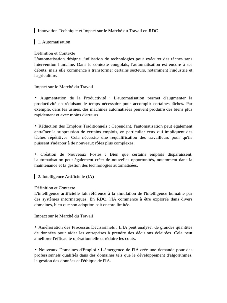 Impact des Technologies sur l'Emploi en RDC | PDF | Intelligence ...
