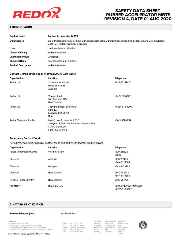Rubber Accelerator MBTS Safety Data Sheet | PDF | Dangerous Goods ...
