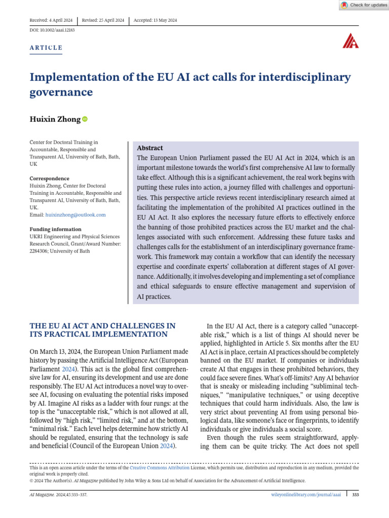 AI Magazine - 2024 - Zhong - Implementation of The EU AI Act Calls For ...