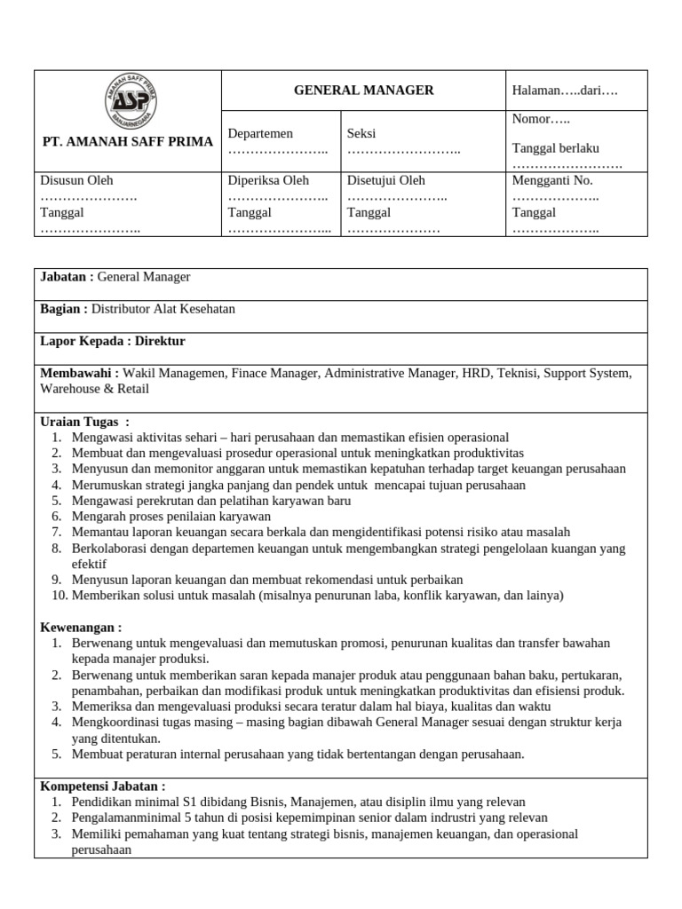 Tugas dan Kewenangan General Manager | PDF