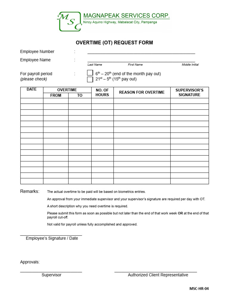 Overtime Request Form Template | PDF