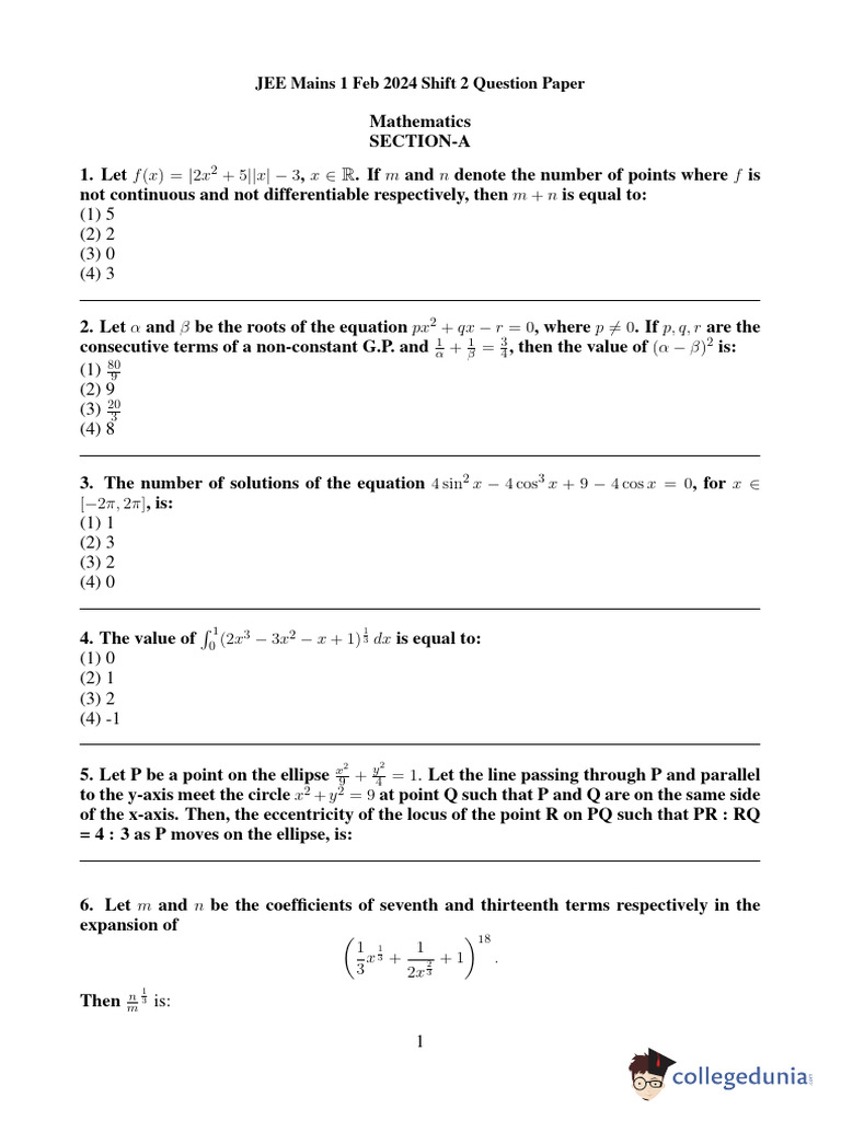 JEE Mains 2024 Shift 2 Math Paper | PDF | Electromagnetic Radiation ...