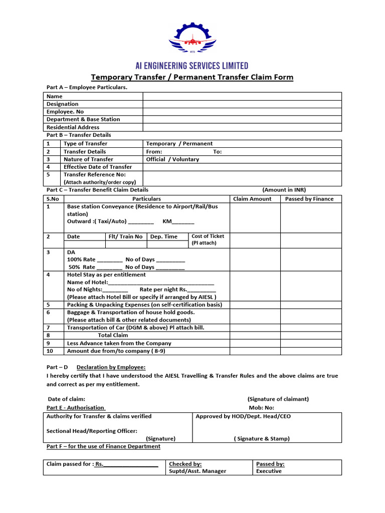 Temporary and Permanent Transfer Claim Form | PDF