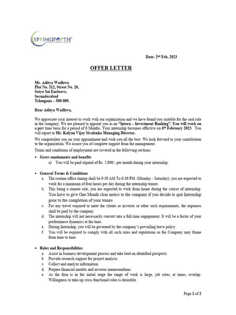 Aditya Wadhva - Appt Letter. | PDF | Confidentiality | Justice
