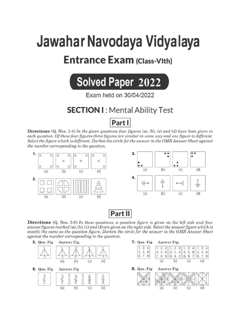 Navodaya vidyalaya class 6 question paper 2022 pdf