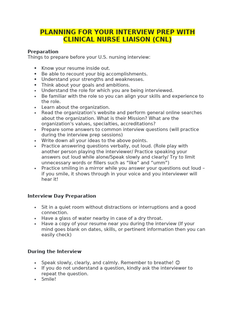 Interview Prep for Clinical Nurse Liaison | PDF | Patient | Health Care