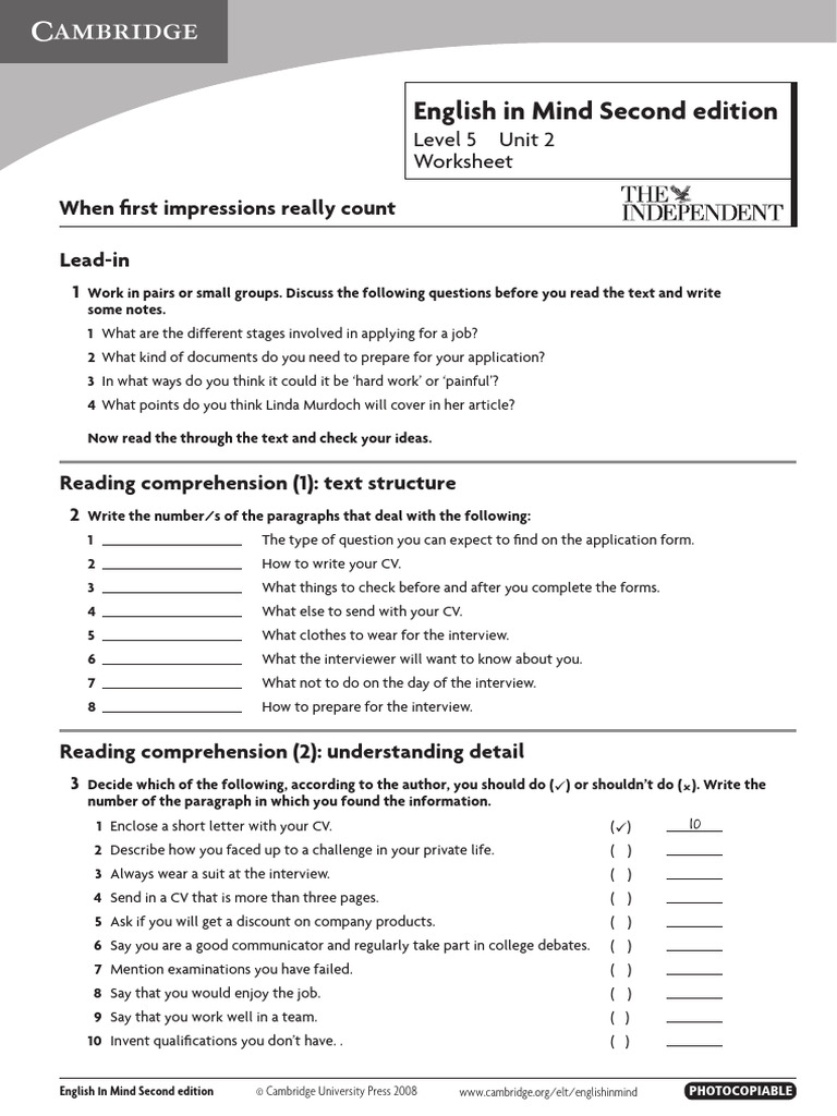 English in Mind2 Level5 Unit2 Extra Reading Practice Worksheet | PDF ...