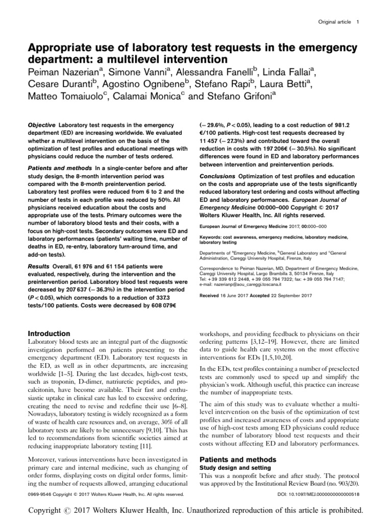 Reducing Laboratory Tests in ED | PDF | Clinical Pathology | Medical ...