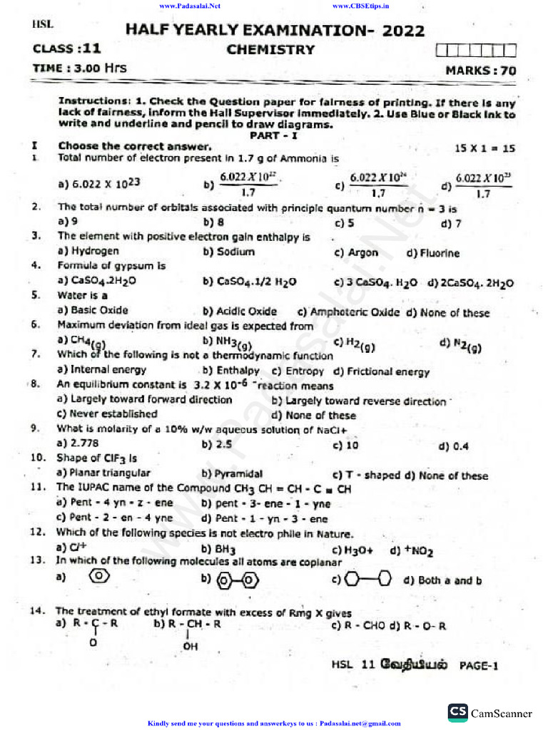 11th Chemistry EM Half Yearly Exam 2022 Original Question Paper ...