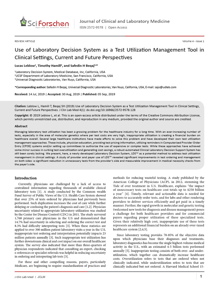 Use of Laboratory Decision System As A Test Utilization Management Tool ...