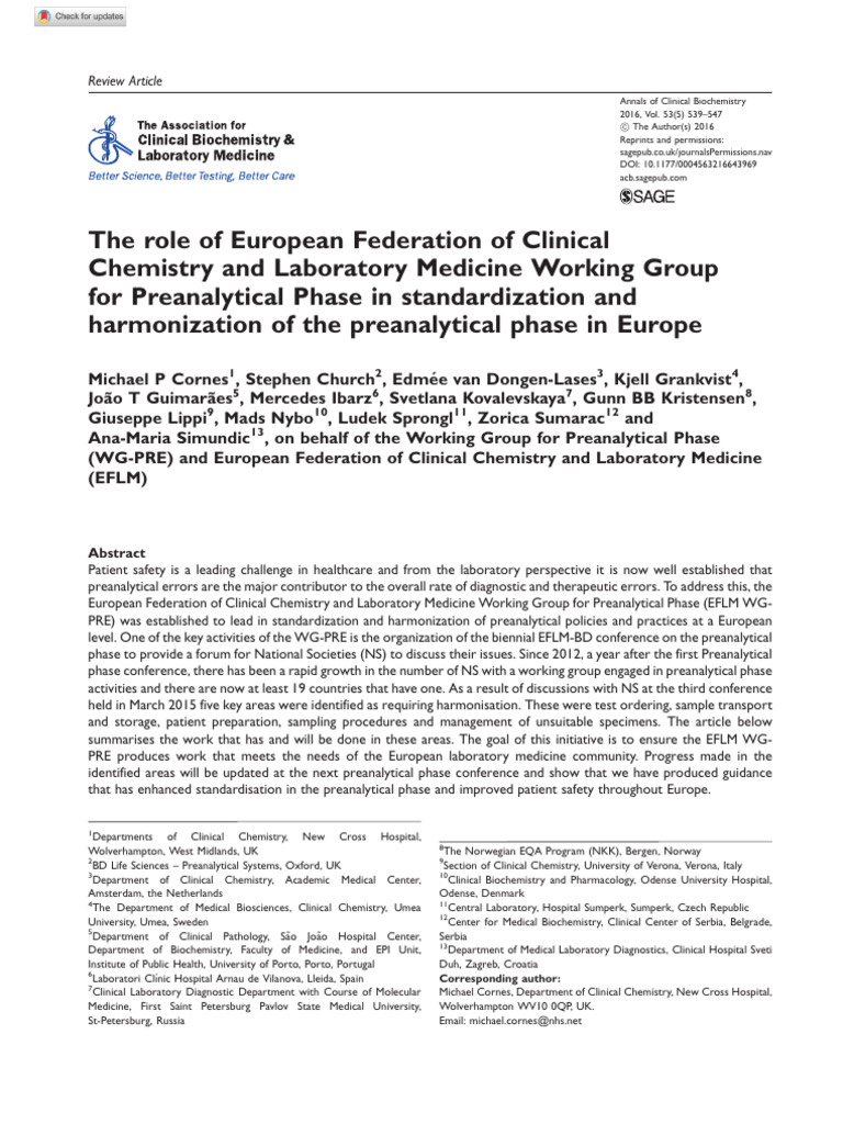 Role of Eflm in For Preanalytical Phase in Standardization | PDF ...