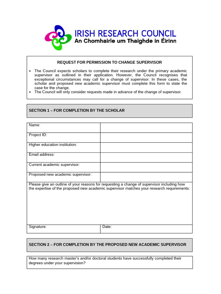Change of Supervisor Request Form | PDF | Academic Degree ...