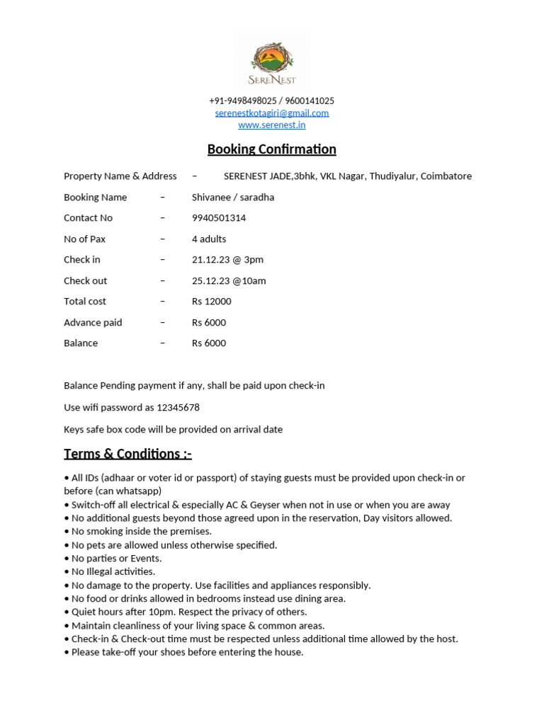 Booking Confirmation for Serenest Jade | PDF