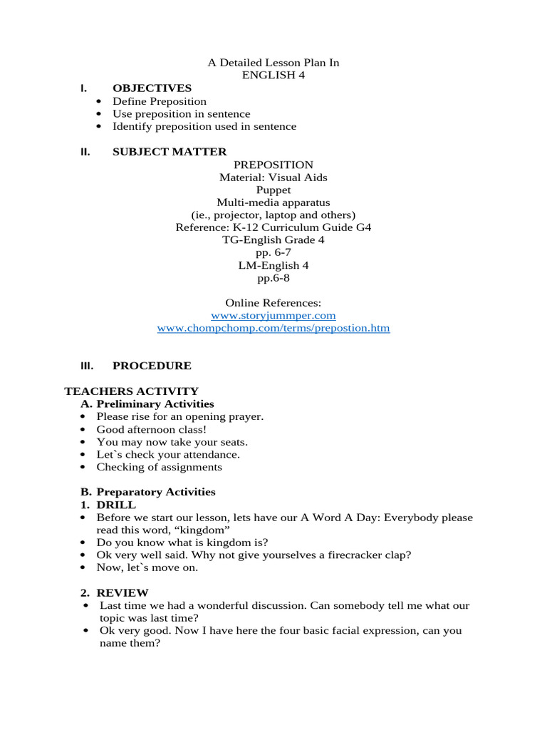 A Detailed Lesson Plan in ENGLISH 4 | PDF