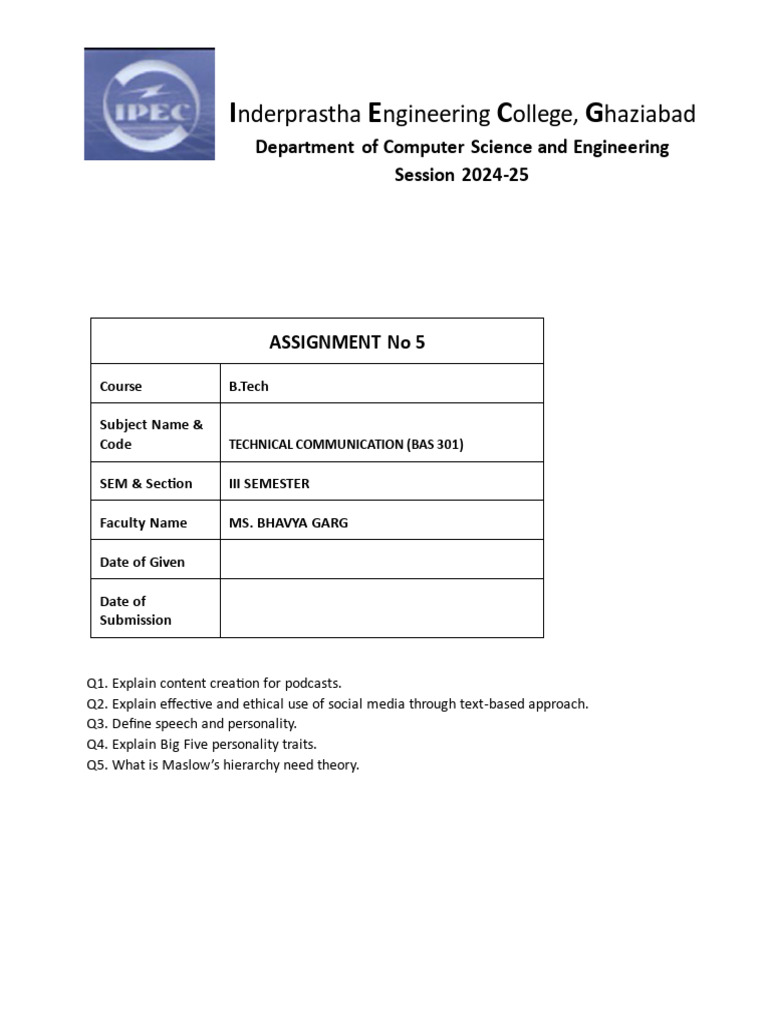 Technical Communication Assignment 2024 | PDF