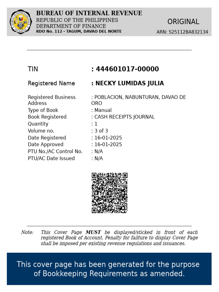 BIR Cash Receipts Journal Registration | PDF