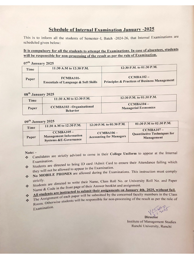 Schedule of Internal Examination Jan 2025 | PDF