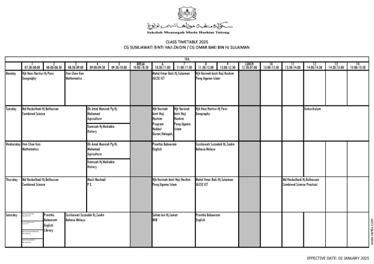 2025 Class Timetable Overview | PDF