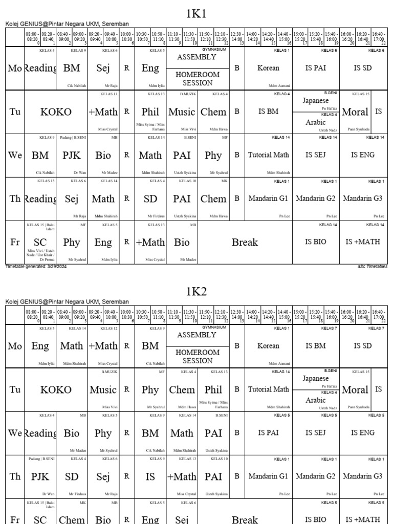 School Timetable for Kelas 9-15 | PDF