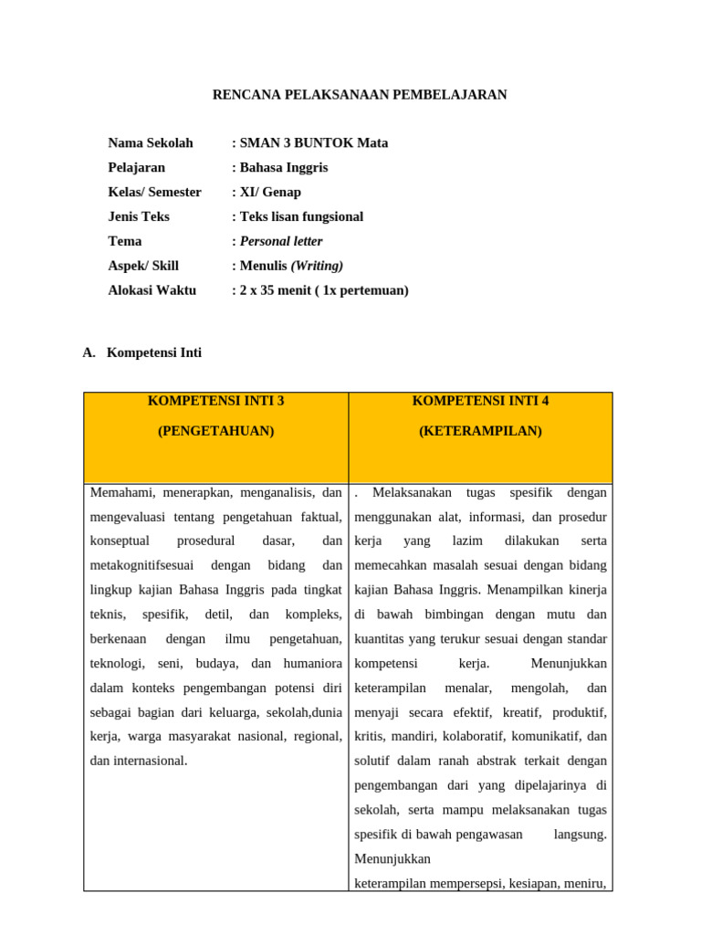 RPP Personal Letter Kelas XI | PDF