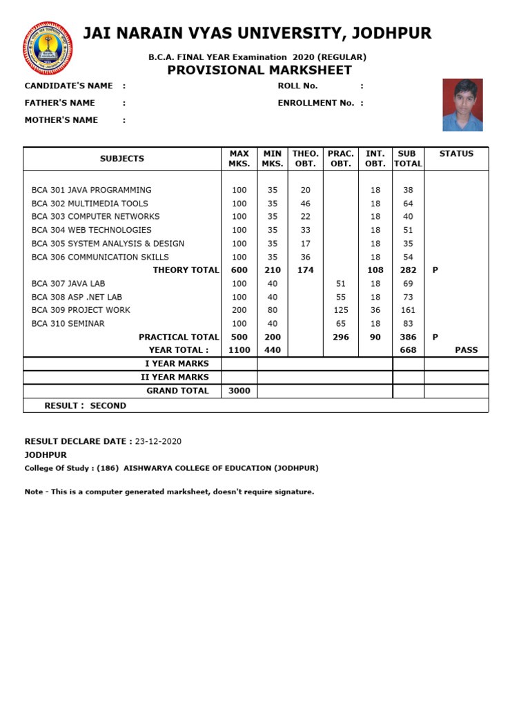 BCA Final Year Marks Sheet 2020 | PDF