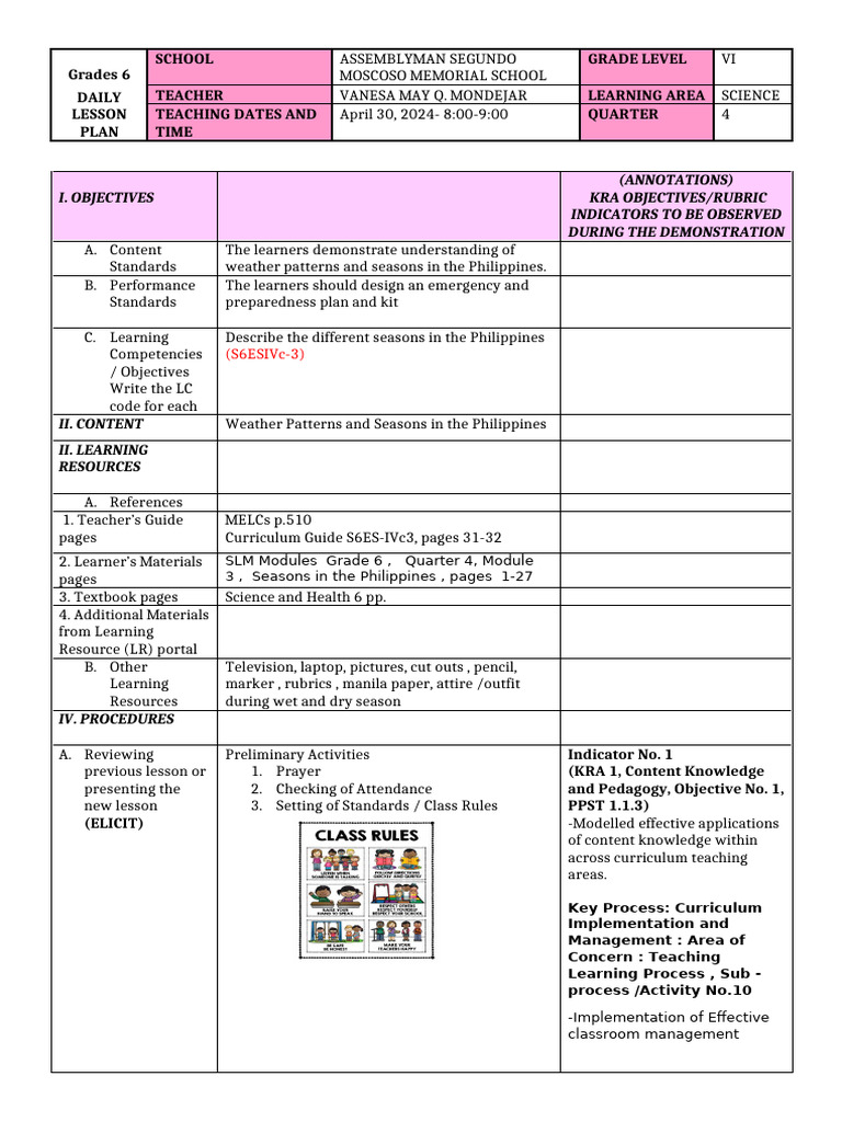 COT Lesson Plan: Weather in the Philippines | PDF | Learning | Curriculum