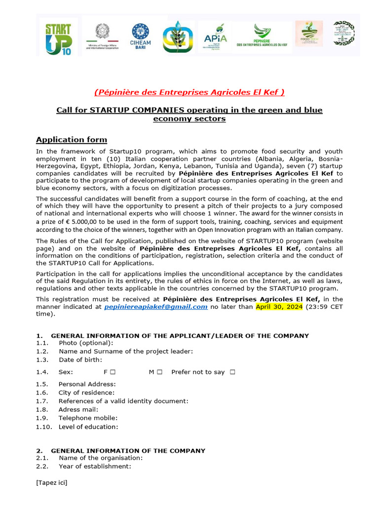 STARTUP 10 - Application Form For - Startup Call - PEA KEF | PDF ...