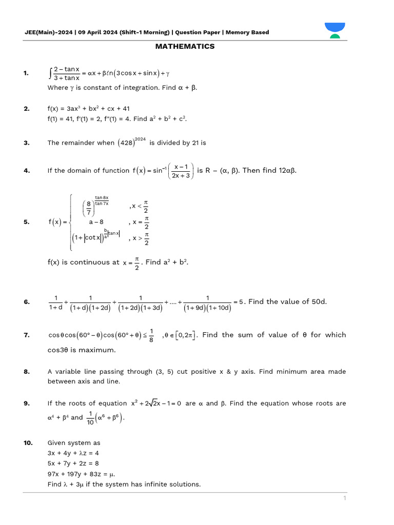 JEE Main 2024 April 9 Shift 1 Question Paper | PDF | Electronvolt | Area