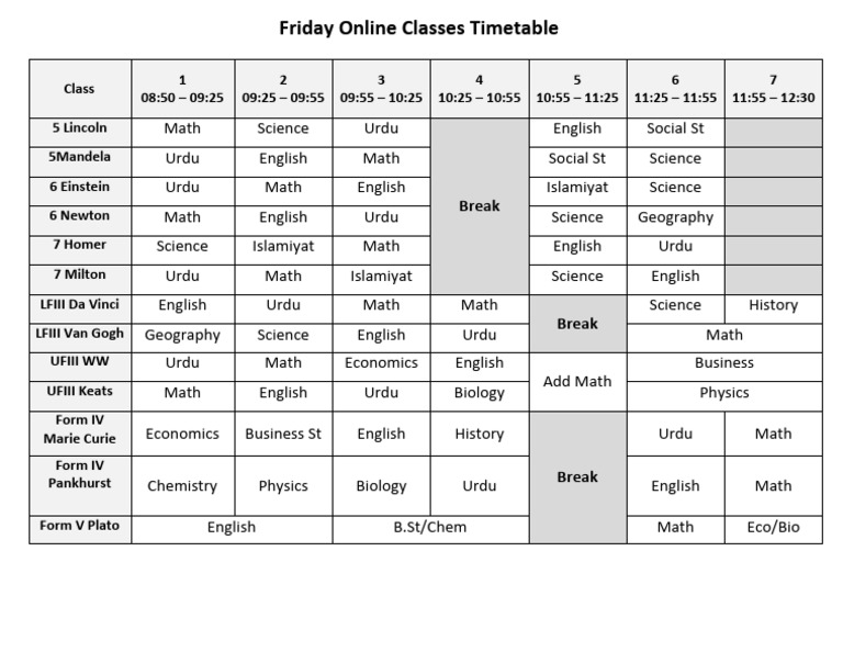 Friday Online Classes Schedule | PDF