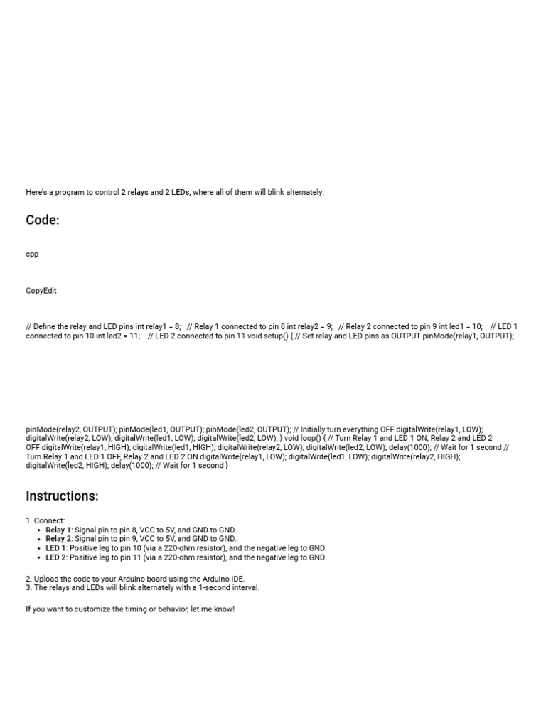 2 number relay and 2 number led light blinking arduino programme pdf